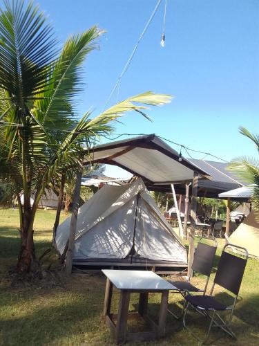 a tent with two chairs and a table and a palm tree at Eco Beach Can GIo in Kon Rung (1)