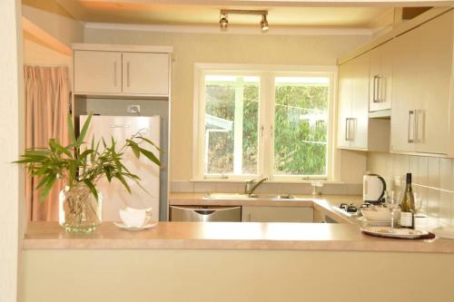 a kitchen with a vase with a plant on a counter at Happiness is Huia a block from the lake in Taupo