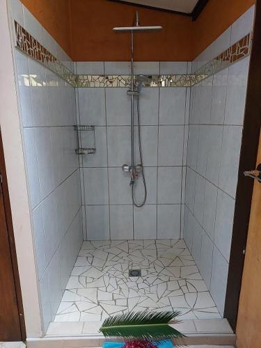 a shower in a bathroom with a tile floor at Villa Nina in Taputapuapea