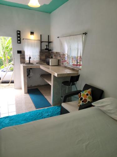 a bedroom with a desk and a bed and a table at Cozy 1 Bedroom studio apartment with private parking near Yallahs in St Thomas Jamaica 