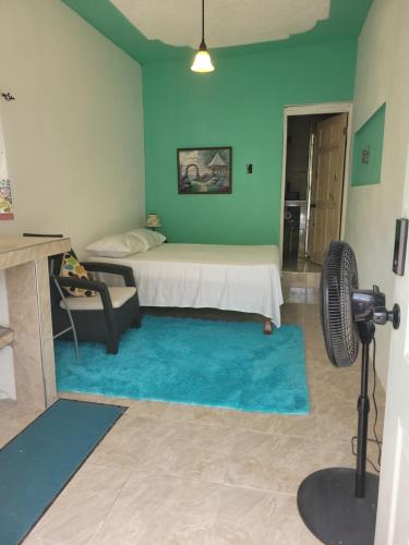 a bedroom with a bed and a blue wall at Cozy 1 Bedroom studio apartment with private parking near Yallahs in St Thomas Jamaica 