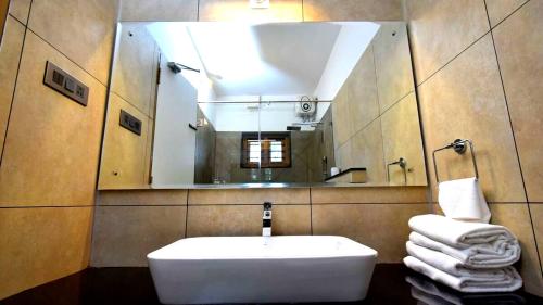 a bathroom with a white sink and a mirror at Chembra Adobe in Kalpetta