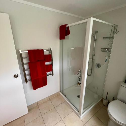a bathroom with a glass shower with red towels at Kitchen Garden Studio Bed and Breakfast in Auckland