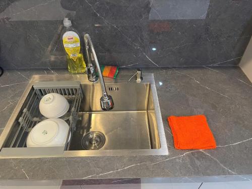 a kitchen sink with a detergent and a sponge at Subin Homestay Hue in Thôn Kim Long (1)