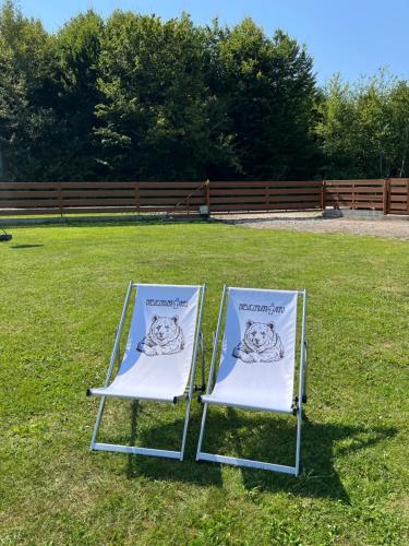 two chairs sitting on the grass in a field at BIESZCZADZKI RAJ Komfortowe domy z kominkami i Sauną na obiekcie in Olchowiec