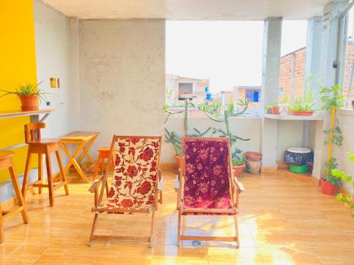 two chairs sitting in a room with plants at Sarisa House in Iquitos