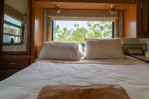 a bed with two pillows and a window in a room at MUUN Beach Club in Ciudad del Carmen