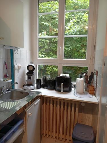 - une cuisine avec un plan de travail, un évier et 2 fenêtres dans l'établissement appartement Eaux Bonnes, à Eaux-Bonnes