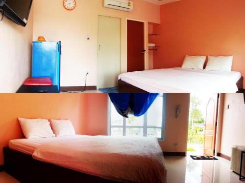 two pictures of a bedroom with two beds and a window at BanRai ChernMa Resort in Tak