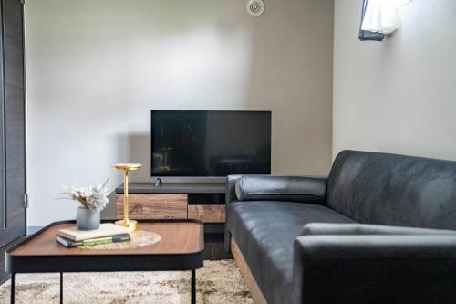 a living room with a couch and a television at Starlight in Sapporo