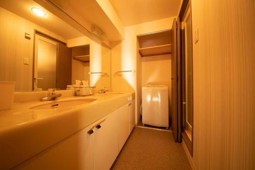 a bathroom with a sink and a large mirror at Lions Mansion Sanbankan Room 602 - Vacation STAY 14372 in Jozankei