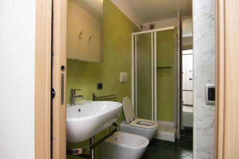 a green bathroom with a sink and a toilet at Appartamento incantevole a Pisa in Pisa