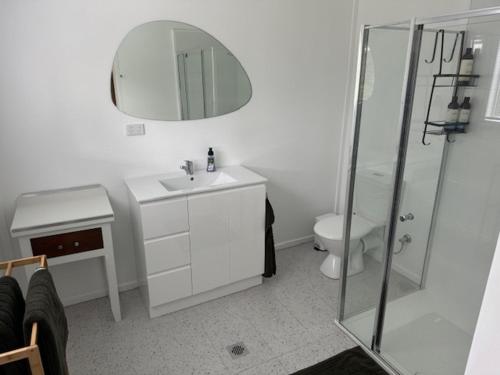 a bathroom with a toilet and a sink and a mirror at Golf Links Sunset Cabin 