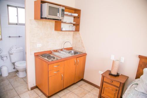 baño pequeño con fregadero y microondas en Cabañas Las Añañucas V, en La Serena