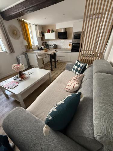 a living room with a gray couch and a table at Linda Studio - Historic Center in Dijon