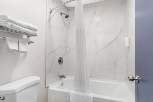 a white bathroom with a shower and a toilet at Quality Inn Madison - Huntsville in Madison