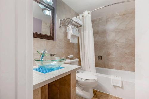 a bathroom with a sink and a toilet and a tub at Quality Hotel Fallsview Cascade in Niagara Falls