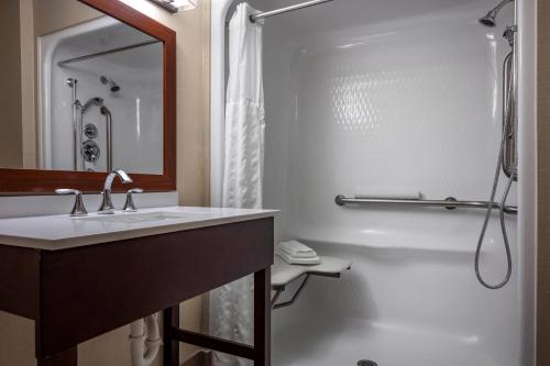 a bathroom with a sink and a shower and a toilet at Comfort Suites near Penn State - State College, PA in State College