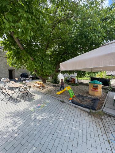 a person playing with a toy in a backyard at Penzion pod Hazmburkem in Klapý