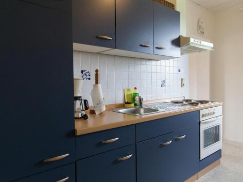 a kitchen with blue cabinets and a sink at Morscheid-Riedenburg Stay in Morbach