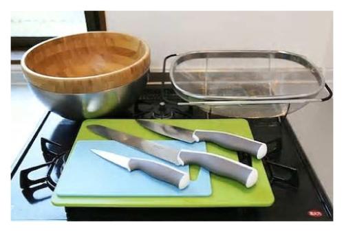 three knives on a cutting board on a stove at Maison dEssence - Vacation STAY 52767v in Izu