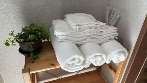 a stack of towels on a shelf with a plant at Toyoura Ocean House - Vacation STAY 15447 in Toyoura
