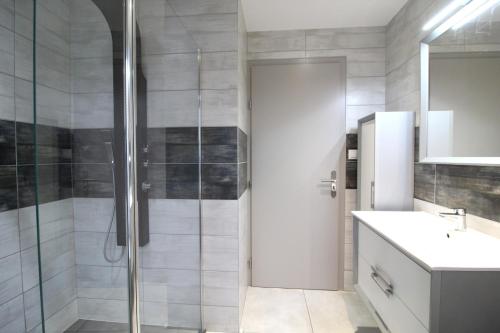 a shower with a glass door in a bathroom at Appartement à La Bresse, proche des lacs, pistes de ski et randonnées in La Bresse