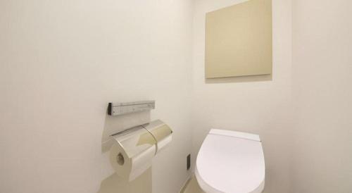 a white bathroom with a toilet and a mirror at Hotel Yaenomidori Tokyo in Tokyo
