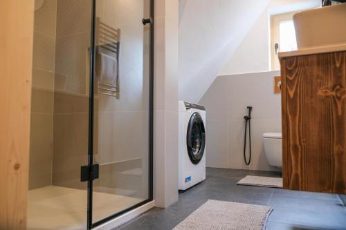 a bathroom with a washing machine and a toilet at Chochołóvka in Chochołów