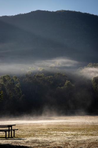 a picnic table in front of a foggy field at The Grampians Motel in Halls Gap