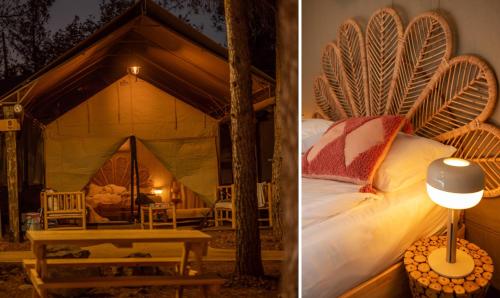 a room with a tent with a bed and a table at Ortal Glamping in Ortal