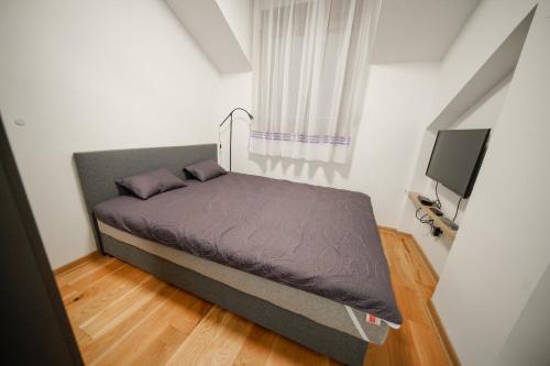 a small bedroom with a bed and a television at Apartman SAN in Banja Koviljača