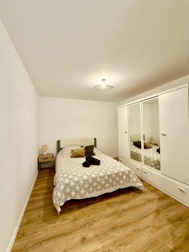 a bedroom with a bed and a large mirror at Appartement chaleureux in Tain-lʼHermitage