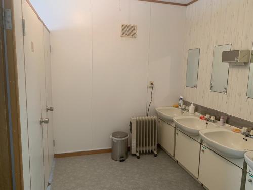 Baño con 2 lavabos, espejo y radiador en MEGA Shakotan base - Vacation STAY 56583v, en Notsuka
