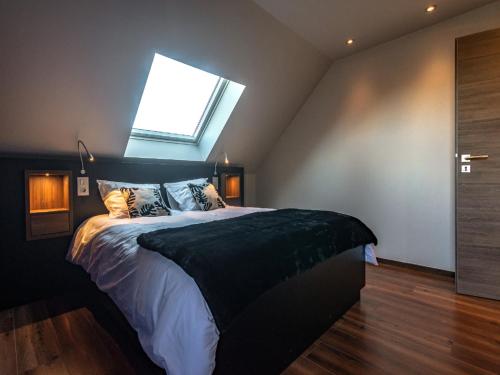 a bedroom with a large bed with a skylight at Spacious Stay in Lemberg in Lemberg