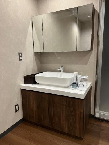 a bathroom with a white sink and a mirror at Leuhan Building - Vacation STAY 57467v in Shizuoka