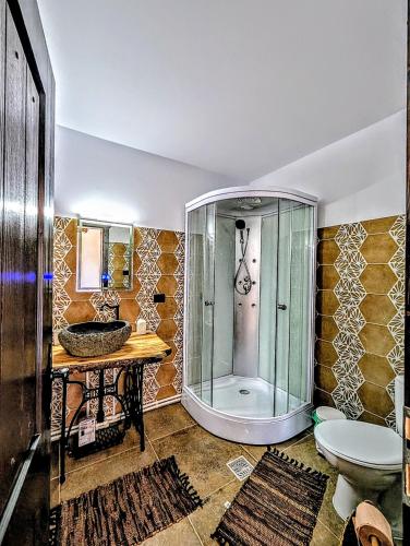 a bathroom with a glass shower and a sink at Casa Ghețu in Stulpicani