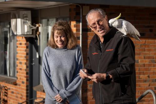 a man and a woman looking at a cell phone with a bird on his shoulder at The Grampians Motel in Halls Gap