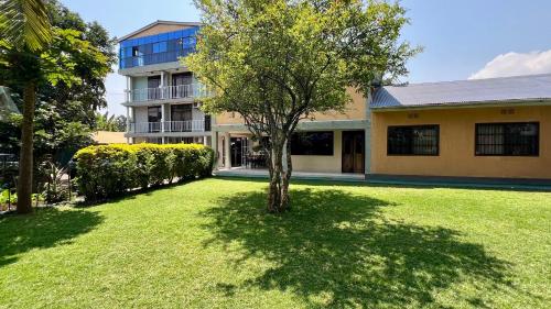a tree in a yard in front of a building at Runako Lodge in Arusha
