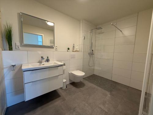 a bathroom with a toilet and a sink and a shower at Penthouse-Ferienwohnung "Tom" in Butjadingen