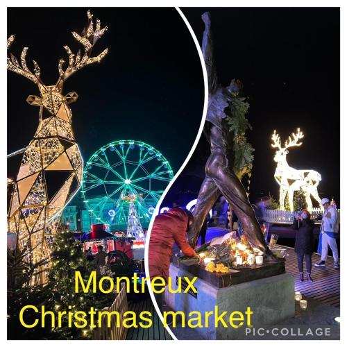 a woman standing next to a christmas market at night at Montreux CH 4 bedrooms,4 bathrooms 8-10 pers in Arni Alp