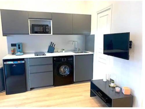 una cocina con fregadero y lavadora en Joli Appart 4pers#Buttes Chaumont#Chapeau Rouge, en París