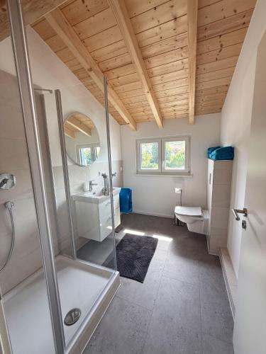 a bathroom with a shower and a toilet and a sink at Neues, stilvolles Loft inmitten der Weinberge 