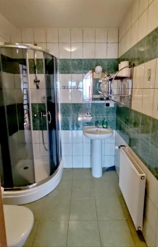 a bathroom with a shower and a sink at Pokoje Gościnne Barka - 300m do RESTAURACJI - 900m do JEZIORA i VELO CZORSZTYN in Kluszkowce