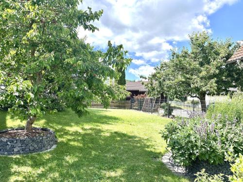 a garden with two trees in a yard at Ferienwohnung Rundblick Rhön in Ehrenberg