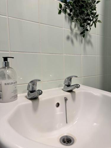 a bathroom sink with two faucets and a bottle of soap at Sunset View 2BR Apartment - Beautiful London View & Free Parking in London