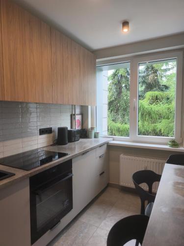 a kitchen with wooden cabinets and a table and two windows at Žemaičių 8 in Kretinga