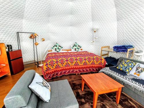 a living room with a bed and a couch at Hakuba Mori no Wasabi Farm Auto Campsite - Vacation STAY 22257v in Hakuba
