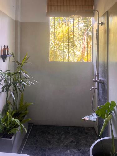 a bathroom with plants and a shower with a window at Beachside Stay Steps From Mawella Bay, Tangalle #thisisnotahotel in Mawella