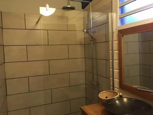 a bathroom with a sink and a glass shower at Appartement convivial avec vue sur la mer in Les Avirons